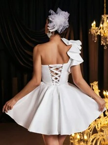 SHEIN Belle Elegant Luxurious One Shoulder Ruffle Asymmetric Dress With Tie Back, Suitable For Wedding, Party, Vacation, Bridal, Gift, Bridal Shower Dress,Bride
