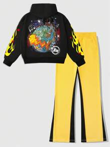 ROMWE MEN Street Life Men's Cartoon Letter Printed Hooded Sweatshirt And Contrast Panel Sweatpants Set, Street Style - Yellow - View 2