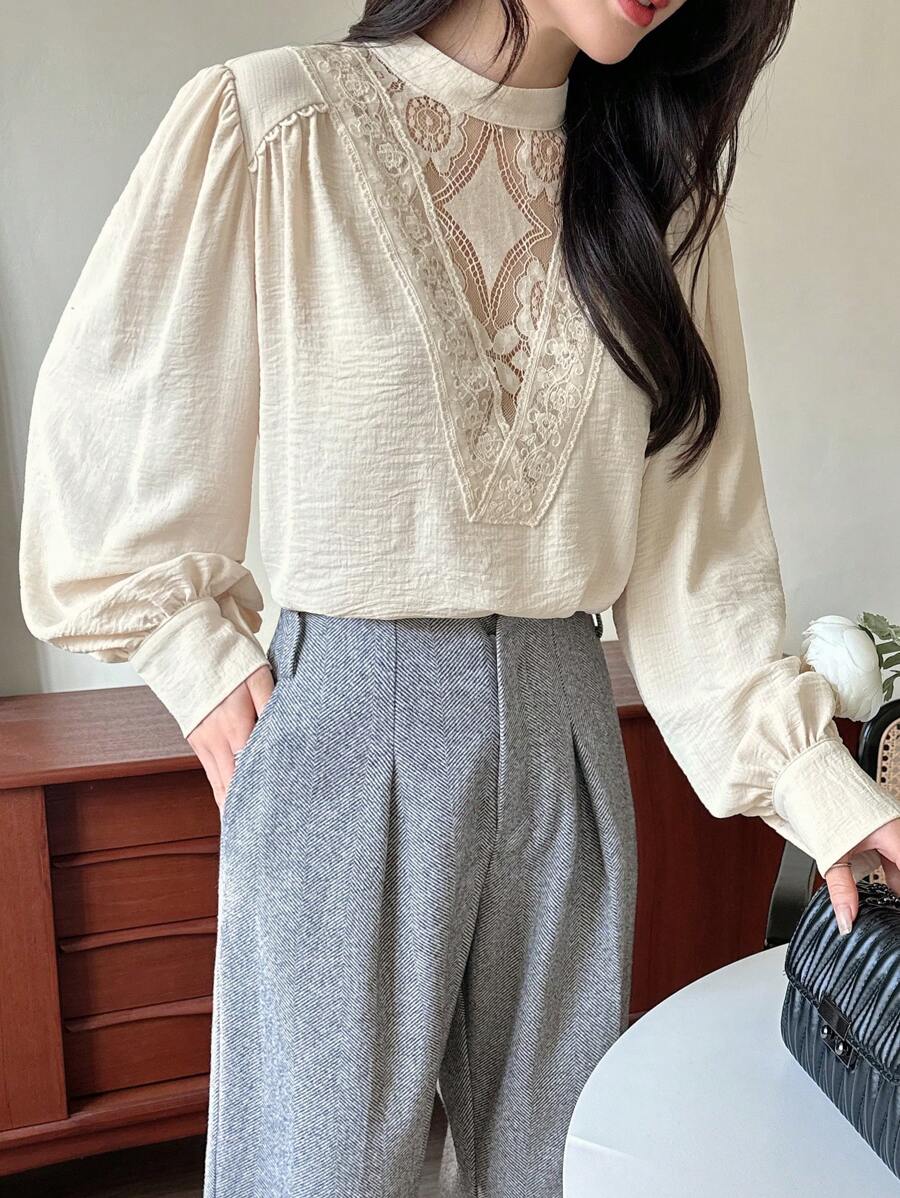 DAZY 1pc Women's Solid Color Loose Contrast Lace Stand Collar Long Sleeve Shirt,Fall Clothes - Apricot - View 1