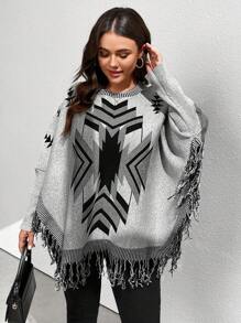 SHEIN LUNE بلوزة نسائية كبيرة الحجم بنمط هندسي وياقة طاقم وأكمام خفافيش، بلوزة صوفية مضفرة للخريف والشتاء - متعدد الألوان - مشاهدة 4