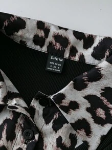 Chiquease Leopard Print Splicing Turndown Collar Casual Ribbed 2 In 1 Dress With Long Sleeves - Multicolor - View 3