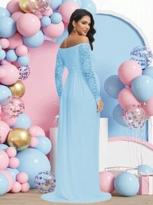 Maternity Lace V-Neck Long Sleeve Dress/Long Gown, Suitable For Photography, Baby Shower And Other Occasions - Baby Blue - View 2
