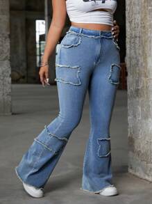 SHEIN ICON Plus Size Women's High Waisted Frayed Hem Flared Casual Versatile Jeans - Blue - View 5