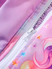 SHEIN Playful Pals Baby Girls Infant Casual Cute Hooded Long Sleeve Cinched Waist Loose Rainbow Unicorn Print Fluffy Collar Fleece Thicken Warm Winter Jacket - Purple - View 6