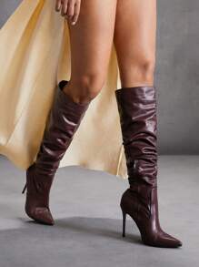 CUCCOO SZL 女士时尚性感尖头细高跟长靴，酒红色，适合圣诞节和新年假期氛围秋冬情人节春季鞋 - 酒紅色 - 查看 7