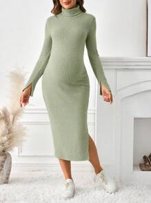 SHEIN Maternity High Neck Fitted Over-The-Knee Rib Knit Casual Dress, Autumn/Winter