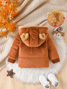 Baby Boy Cute Ear Hooded Zipper Winter Coat, Warm & Casual For Autumn/Winter Outings Or Home Wear, Fashion