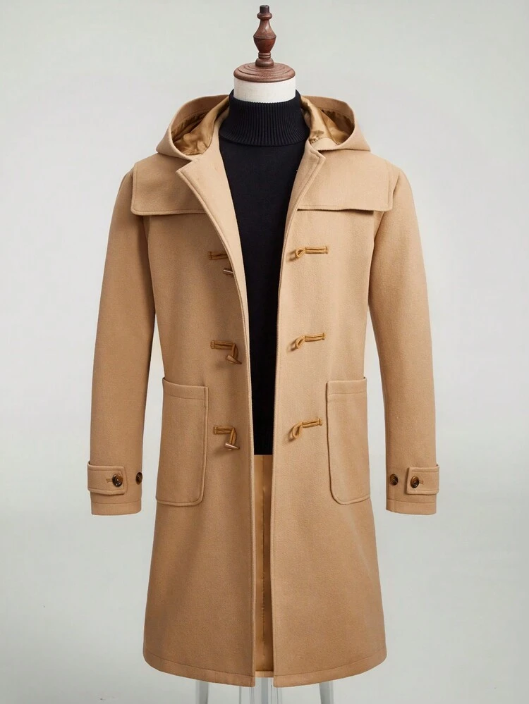 Loose Fit Men's Double-Breasted Hooded Overcoat