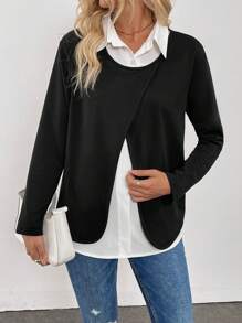 SHEIN LUNE 1 chiếc áo sơ mi dài tay 2 trong 1 chắp vá màu tương phản thu đông dành cho nữ - Đen và trắng - Xem 3