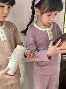 SHEIN Girls' Round Neck Solid Color Comfortable Cartoon Long Sleeve & Long Pants Set - Multicolor - View 4