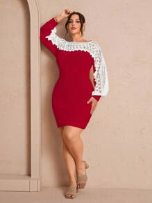 Celure Plus Size Elegante Color Block Kant Patchwork Asymmetrische Kraag Getailleerde Trui Jurk Voor De Herfst