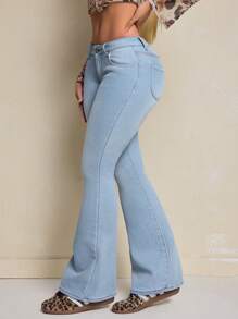 SHEIN SXY Distressed Flare Fit Jeans With Thermal Lined, Casual For Autumn/Winter - Light Wash - View 7