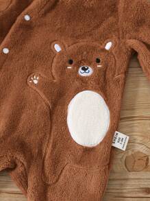 SHEIN 新生男婴可爱熊刺绣领羊毛连体衣秋冬季 - 棕色 - 查看 4