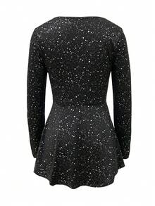 Women's Casual Elegant Dot Print V-Neck Long Sleeve Ruffle Hem T-Shirt For Home - Black - View 2
