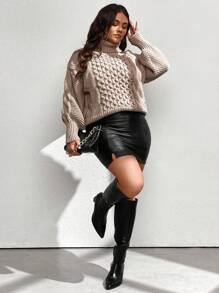 SHEIN Clasi Plus Size Women's High Neck Chunky Knit Raglan Pullover Sweater, Autumn/Winter Knit Pullover Fall - Camel - View 4