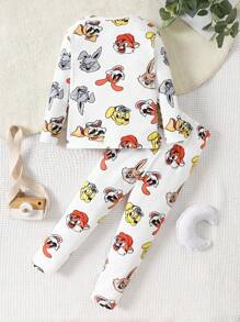 SHEIN Young Boy 2pcs Cute Puppy & Rabbit Pattern Round Neck Raglan Long Sleeve Top And Long Pants Soft Comfy Tight Fit Pajama Set - Multicolor - View 2