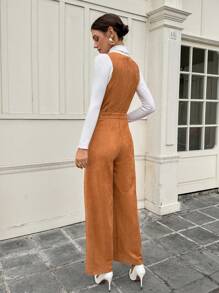 SHEIN Unity Women's Casual Solid Color Faux Suede Sleeveless Jumpsuit, Versatile For Autumn/Winter - Brown - View 2