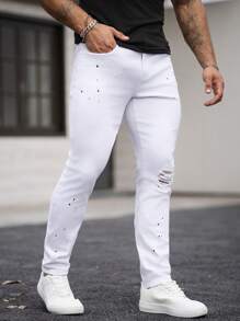 Manfinity Homme Men's Casual Skinny Distressed Splatter Paint Denim Jeans - White - View 1