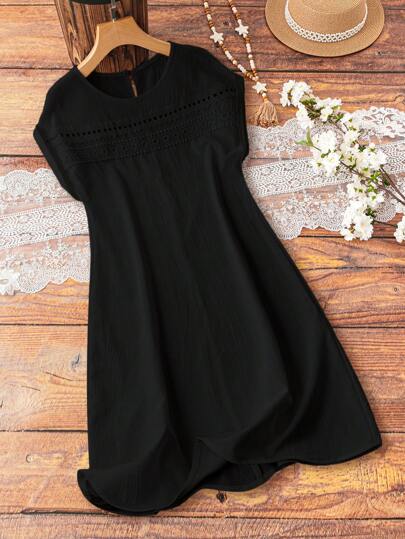 Franclia 女式白色花卉蕾丝拼布和皱褶亚麻混纺 H 型落肩连衣裙