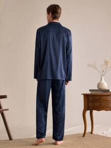 EverLounge 男士种马印花翻领长袖单排扣上衣和长裤家居服套装 - 藍色 - 查看 3