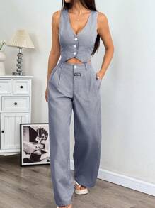 SHEIN EZwear Ladies' Linen Simple Stripe Print Tube Top And Long Pants Two Pieces Set In Fall/Winter - Navy Blue - View 1