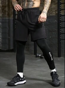 Manfinity Sport PWRUP Men's Fashion Letter Print Drawstring Waist Breathable Sweatpants - Black - View 3