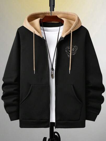Cotton Men Bear Printed Color Block Regular Zip Up Hoodie