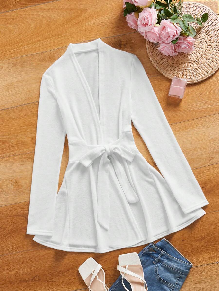 EMERY ROSE 1 Áo khoác nữ tay dài buộc dây phía trước, phong cách tối giản, mặc hàng ngày vào mùa thu/đông - trắng - Xem 1