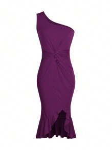 EMERY ROSE Ladies' Solid Color One Shoulder Waist Buttons Ruffle Hem Split Hem Elegant Dress Maxi Women Outfit - Purple - View 3