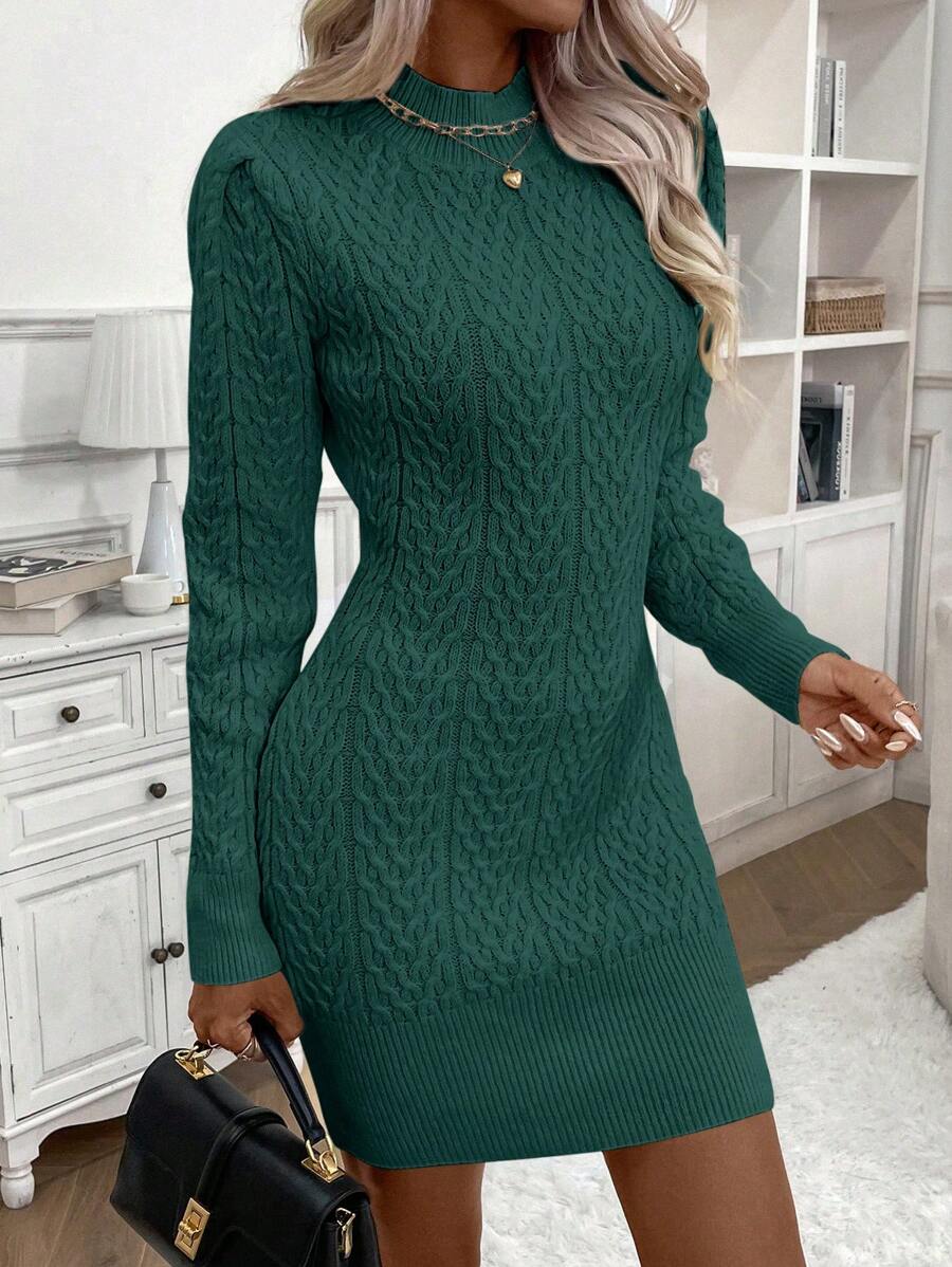SHEIN LUNE Cable Knit Mock Neck Sweater Dress Fall Winter Cloth For Women - Green - View 1