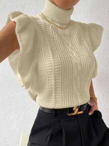 Chiquease Women High Neck Ruffled Sleeveless Elegant Sweater Vest - Apricot - View 1