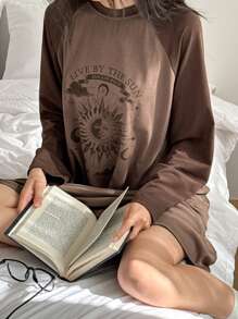 DAZY 图案印花拼色插肩袖宽松睡袍睡衣 - 咖啡棕 - 查看 3