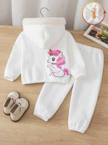 SHEIN 2pcs Girls Solid White Fur Collar Embroidered Basic Thick Casual Warm Comfortable Suit, Simple Campus Sweet Style - White - View 1