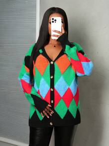 Slaydiva Nuevo suéter/chaqueta de mujer de manga larga con cuello en V, de ajuste holgado y estampado argyle, colores variados para otoño/invierno 2024 - A