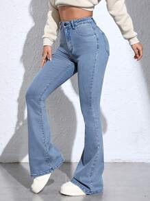 SHEIN ICON Women's Pocketed Flare Leg Casual Versatile Denim Jeans - Blue and White - View 4