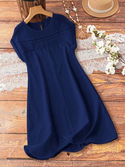 Franclia Hollow Floral Lace Patchwork Crinkle Effect Linen-Like Fabric H-Line Dropped Shoulder Sleeve White Dress For Women