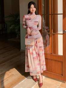 DAZY 女士扎染裹身长裙，春秋季长袖碎花连衣裙 - 彩色 - 查看 1