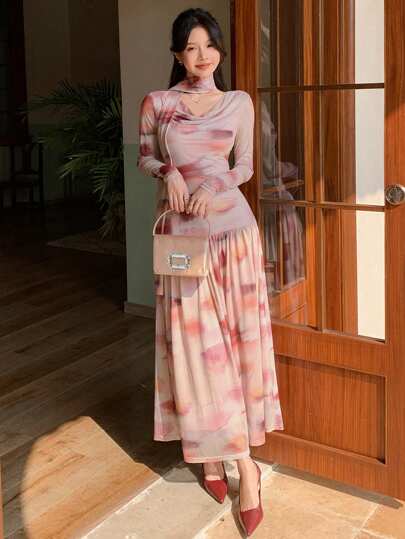 DAZY 女士扎染裹身长裙，春秋季长袖碎花连衣裙