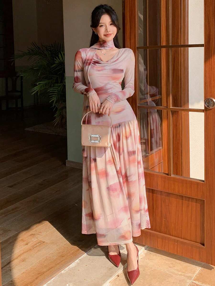 DAZY 女士扎染裹身长裙，春秋季长袖碎花连衣裙 - 彩色 - 查看 1