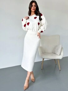 Firerie 2 Pieces Set: Casual Basic Christmas Heart Pattern Knit Sweater & Solid Color High Waist Skirt For Autumn/Winter Valentine's Day - White - View 2
