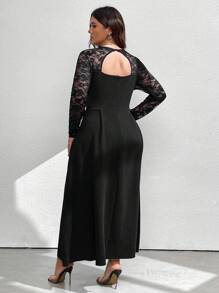 SHEIN Clasi Plus Size Solid Color Lace Splicing Side Slit Maxi Fitted Dress - Black - View 2