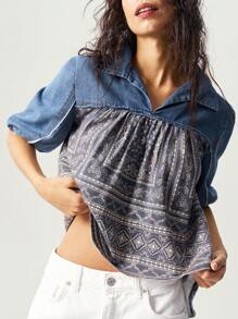 Bohemela Chemise femme en denim tissé ample avec col à revers et manches courtes