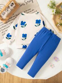 SHEIN Playful Pals 女婴花卉印花罗纹针织圆领运动衫和休闲紧身裤套装，舒适时尚，秋冬