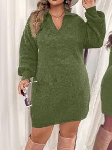 SHEIN Clasi Plus Size Women's Turndown Collar Long Lantern Sleeve Loose Elegant Work Casual Knit Sweater Dress, Winter
