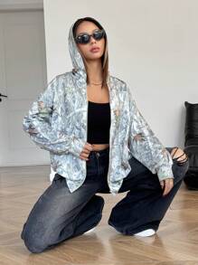 SHEIN Sudadera con capucha y bolsillo con estampado de ramitas verdes para adolescentes, sudadera de moda de con estampado all-over