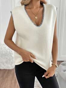 Chiquease Elegant Sleeveless Color Block Trim Knit Vest, Suitable For Commuting - Apricot - View 4