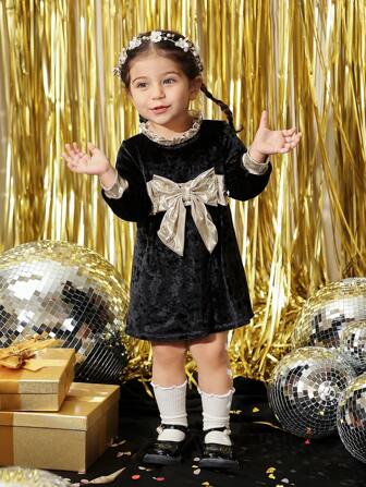 SHEIN Robe évasée élégante pour bébé fille avec col volant et nœud 3D, convient pour les banquets et les soirées, printemps/automne