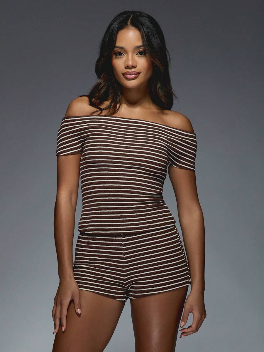 MISSGUIDED Off Shoulder Striped Romper Bodysuit Short Sleeve Summer Casual Lounge One Piece Playsuit With Fold Over Shorts Contemporary Fashion Statement