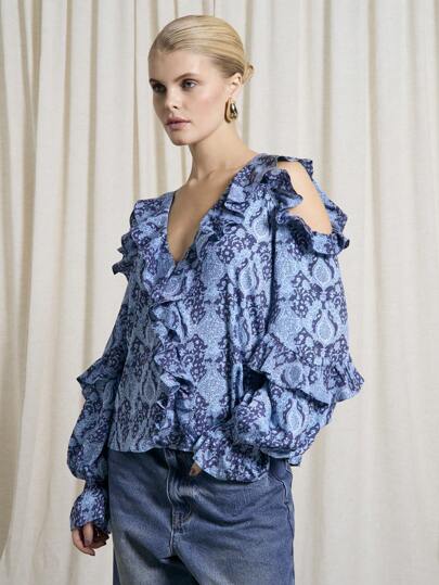 AiiRZ Boho Paisley Print Long Sleeve Ruffle Boho Blouse