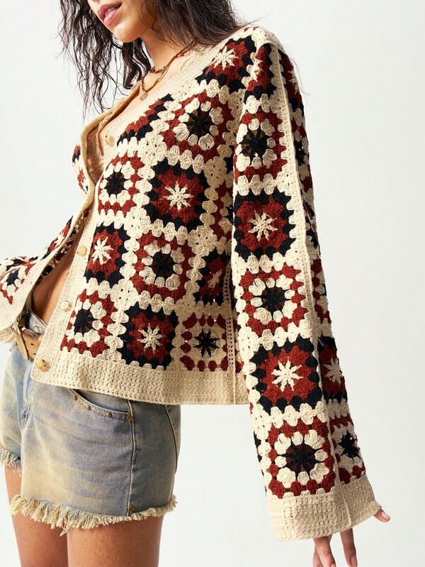 Bohemela Women's Allover Print Front Button Casual Long Sleeve Cardigan
